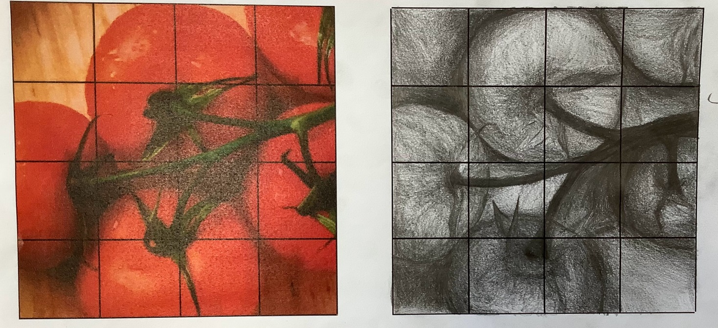 Screenshot of an online student exhibition grid with artwork, titles and student-written captions.